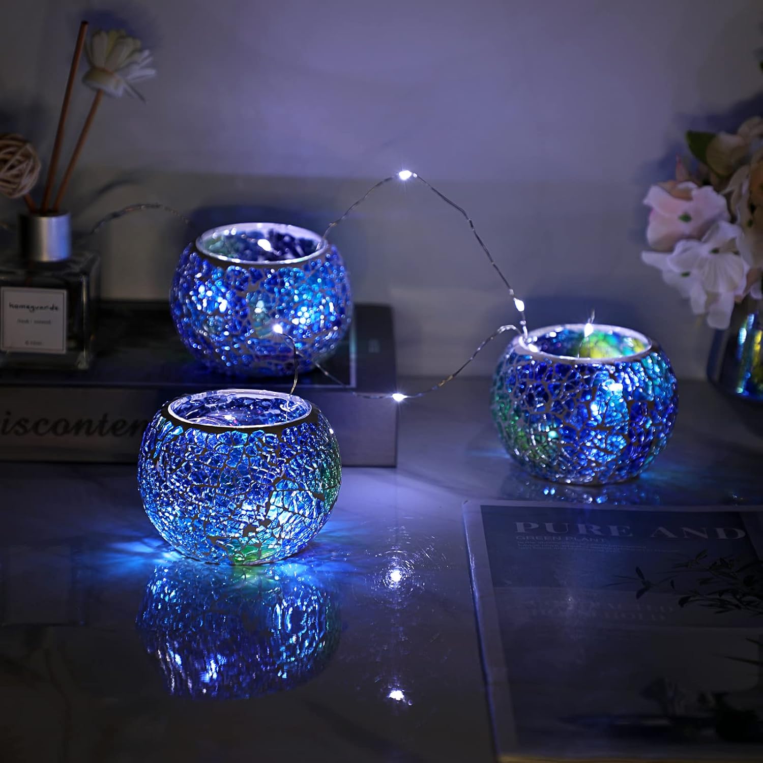 Set of 3 Blue Mosaic Glass Tea - Lighting Decoration Stand のレビューと価格